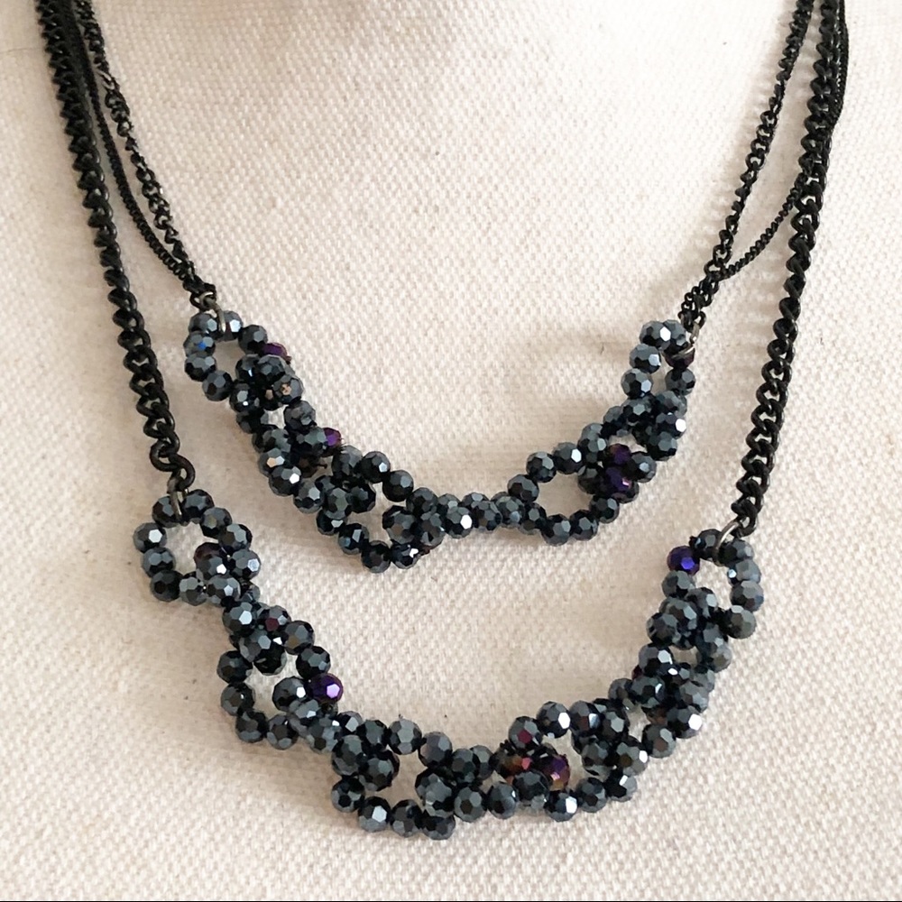 Navy Blue Jewel Beaded Double Layered Necklace with Gun Metal Chain - Picture 4 of 12